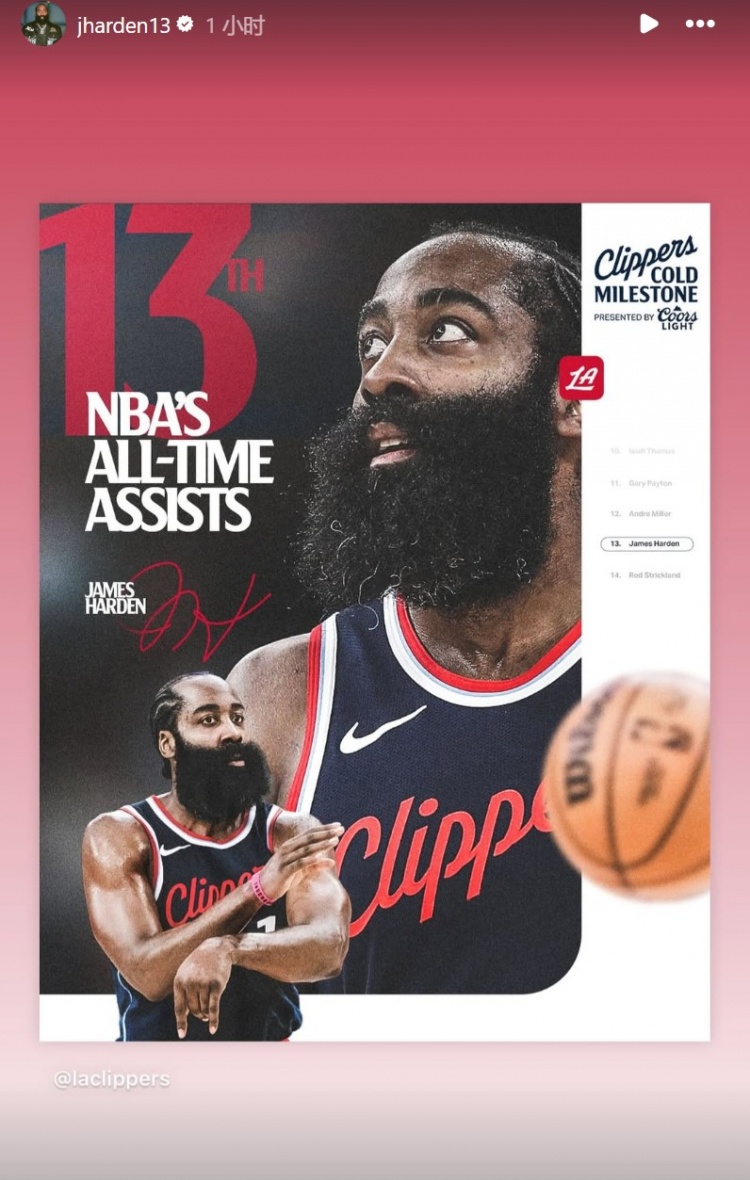 小裏程碑！哈登生涯總助攻數上升至NBA曆史第十三 本人轉發