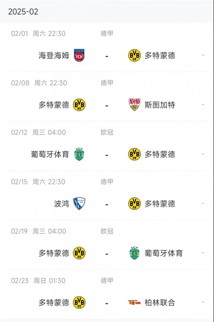 多特2月賽程：2月8日對陣斯圖加特，2月12日、19日先客後主戰葡體